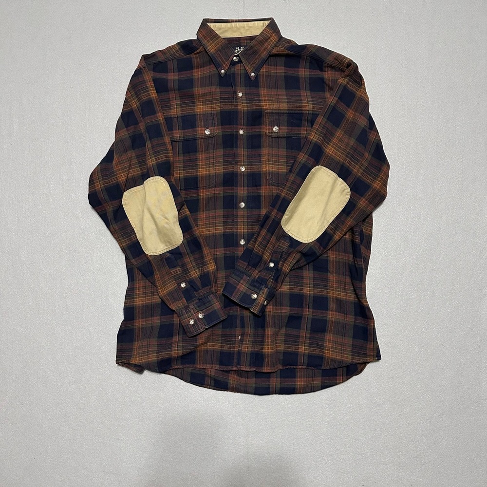 Willis & Geiger Outfitters Mens Large Plaid Flannel Shirt Elbow Patches Brown